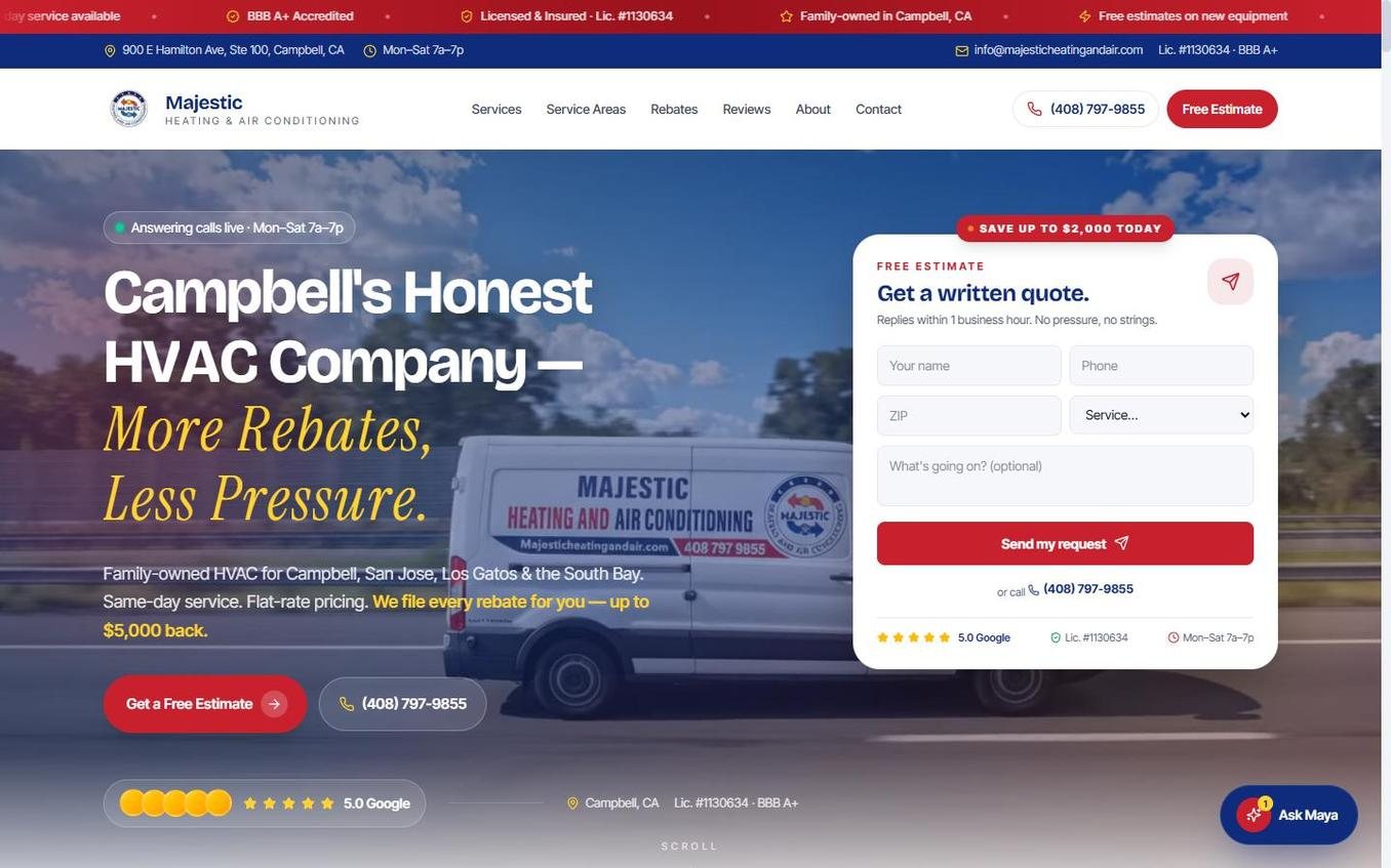 Screenshot of the Majestic Heating & Air homepage with a written-quote form